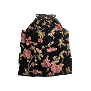 Max Studio Shirt Women Small Black AOP Floral Halter Boho Blouse Nylon Rayon NWT